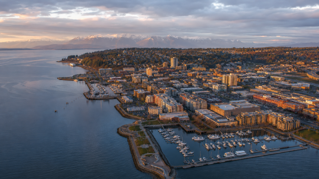 drone shot of everett wa imagined view